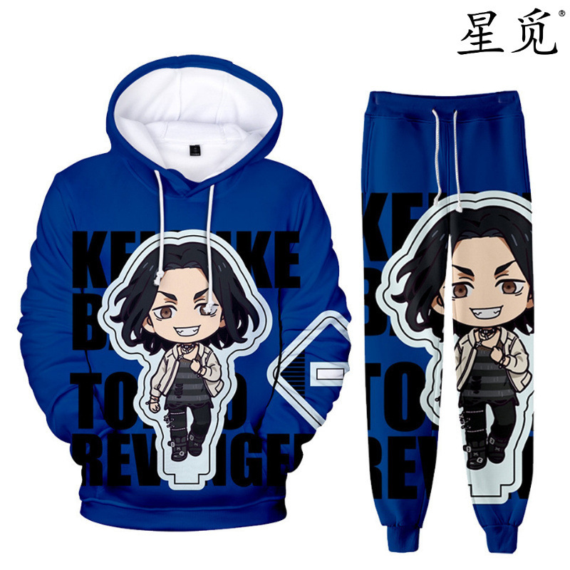 跨境新品 动漫东京复仇者Q版 3D数码彩印 带帽卫衣束脚裤休闲套装