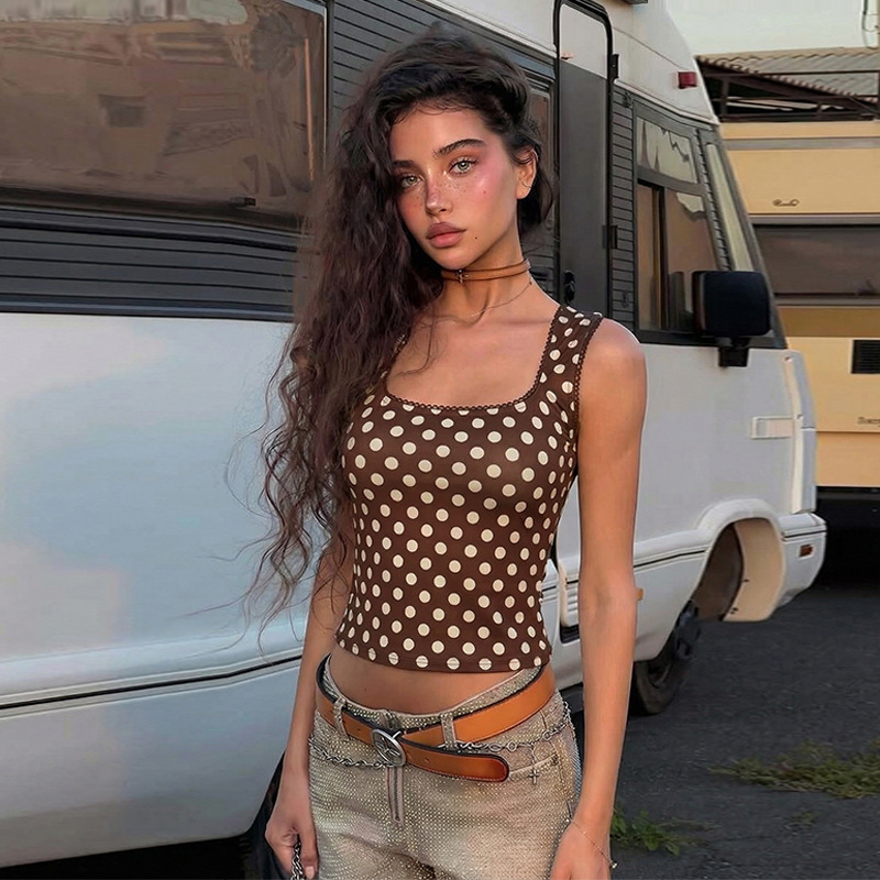 Amazon Cross-Border European and American Women's Clothing New Polka Dot Print Sleeveless U-Neck Fashionable Slim Short Vest Top