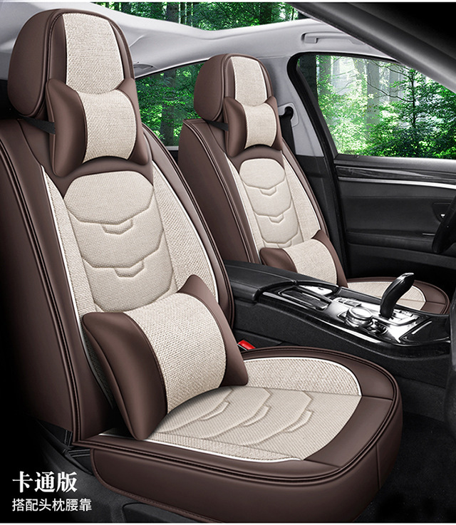 New Leather and Hemp Car Seat Cushion Foreign Trade Wholesale All-Inclusive Four-Season Universal Cartoon Car Seat Cover Linen Breathable Car Cushion