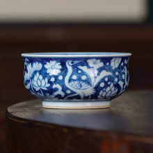 记石柴窑 手绘青花蓝地一鹭莲升炉式杯中式品茗杯单杯茶杯景德镇