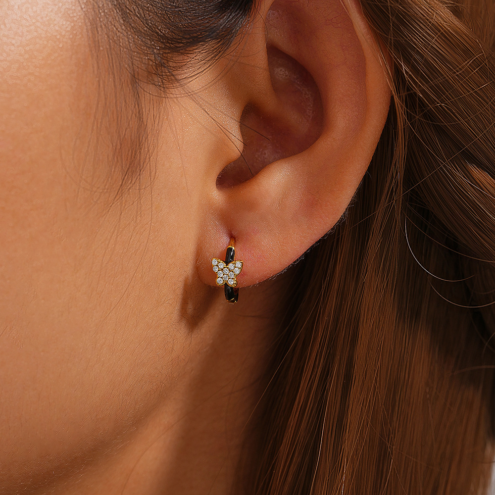 2g Weight 925 Sterling Silver Ear Needle Material Zircon Inlay Material Earrings Classification 1 Pair Quantity Holiday, Daily Occasion 925 Sterling Silver Material Circle, Butterfly Pattern Women's Gender Enamel, Plating, Inlay Design Simple Style Style 1 Pair 925 Sterling Silver Zircon Circle Butterfly Earrings 6