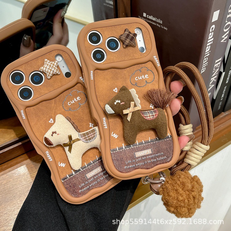 Suitable for Apple 17/16 Promax Oil Edge 15/14 Stereo Leather 13/12 Mobile Phone Case Doll Pendant Hand Rope