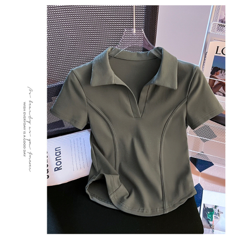 自分用におすすめ〜夏用右肩ポロラペルウエストフィッシュボーンショート半袖Tシャツ女性用|undefined