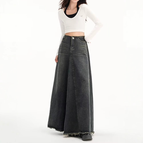 Glamorous Vintage American Style Denim Half-Body Skirt for Women - High-Waisted Slimming Medium-Length A-Line Hip-Hugging Fish-Tail Maxi Skirt