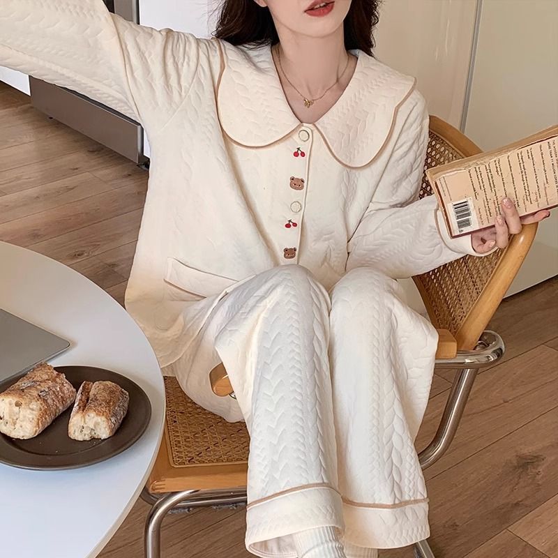 Pijamas de algodón de mujeres otoño invierno aire intercalado de algodón 2024 nuevo conjunto de ropa de hogar gruesa de manga larga