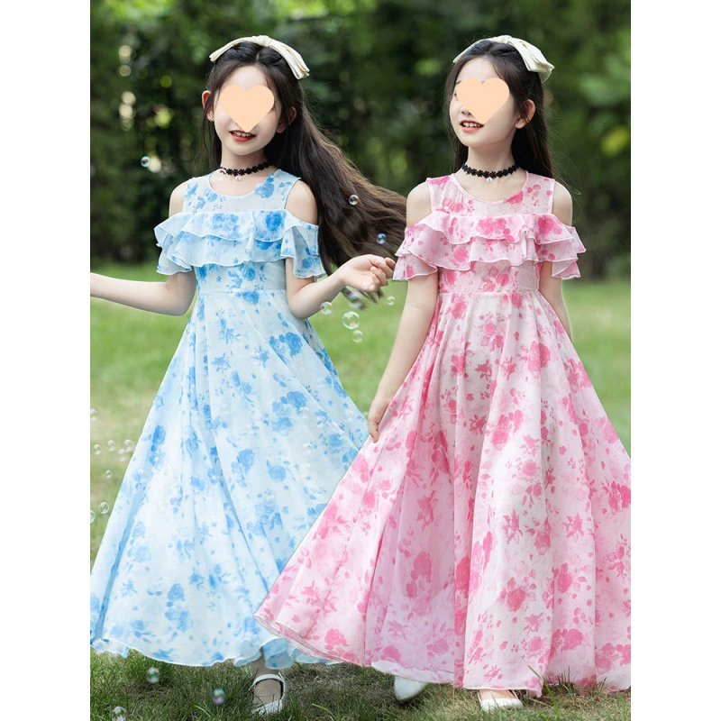 Summer children's summer clothing, small princess costume, sleevless dress, skirt, western style, floral print, for teenagers