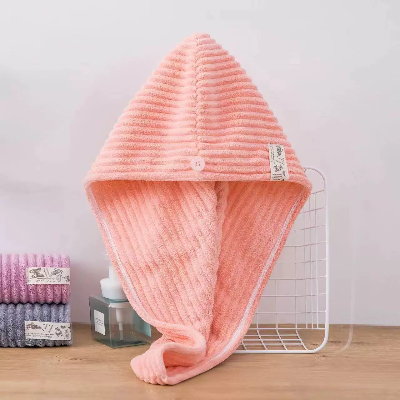 定制干发帽女工厂批发3D立体条绒长帽珊瑚绒吸水加厚浴室包头毛巾