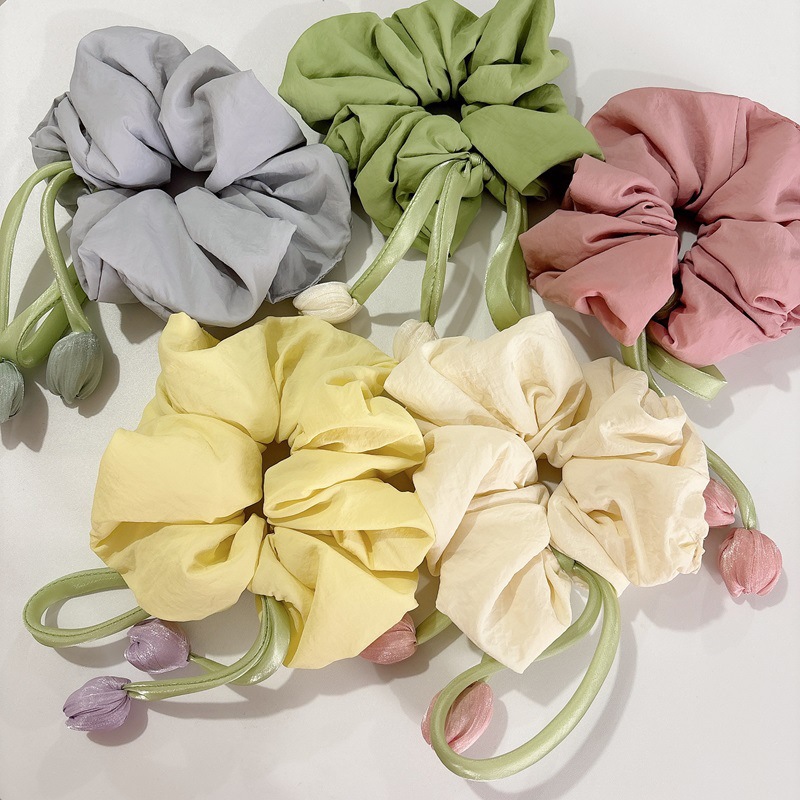 Chouchou à ruban tulipe style coréen pour femme, accessoire de coiffure haut de gamme avec élastique et cordelette élégante._voghion.com