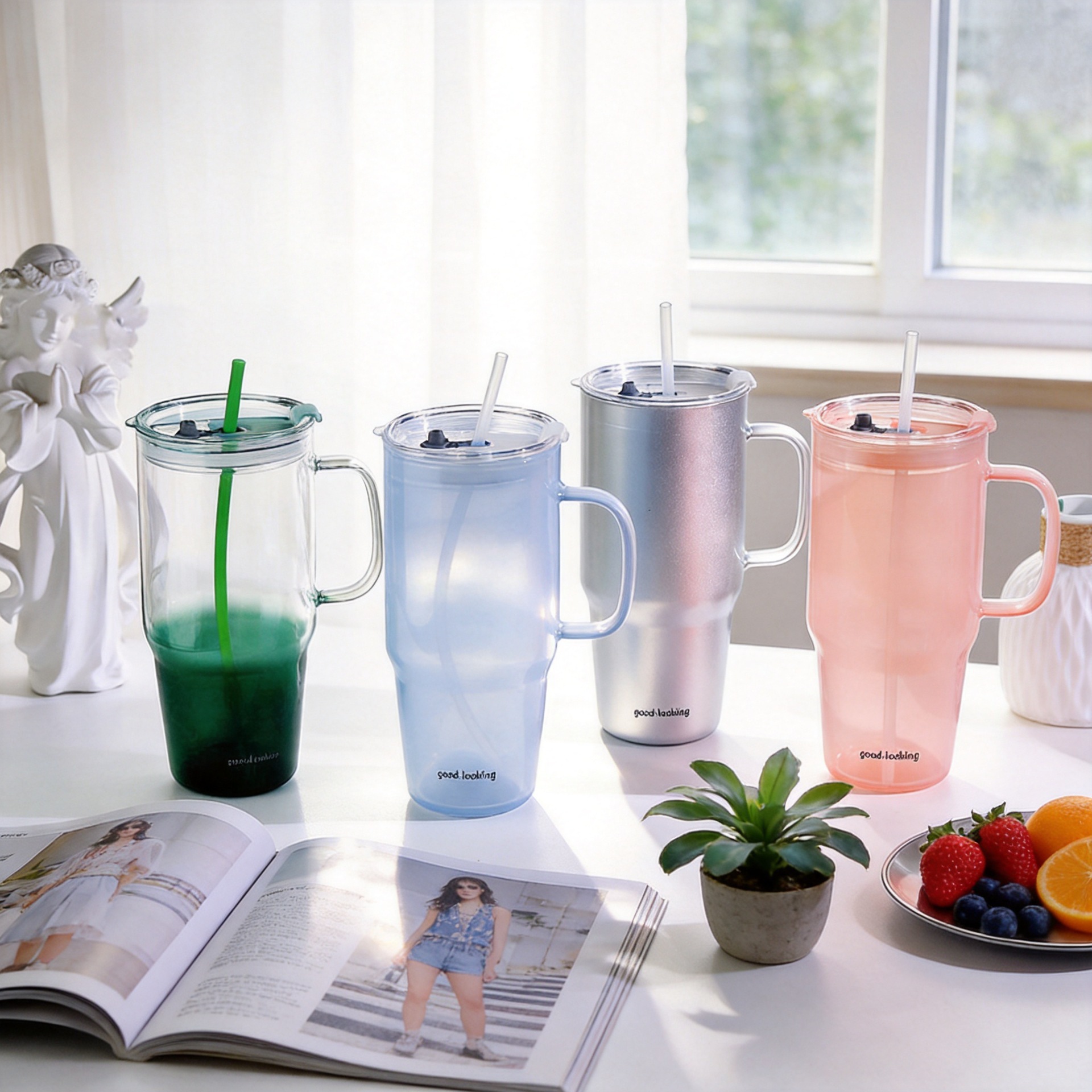 Taza de hielo, taza de paja, taza de agua de vidrio de alta capacidad, taza de agua de vidrio de alta calidad, taza de paja doméstica, taza de vidrio de locomotora