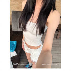SUNONEONE 低腰毛须牛仔短裤女夏季修身百搭白色休闲牛仔短裤女款