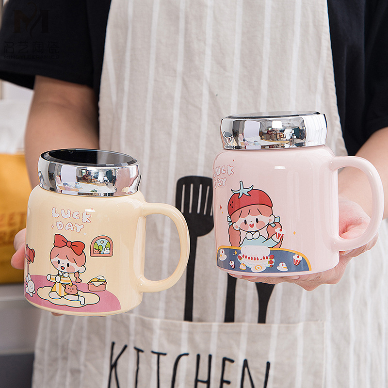 清新可爱镜面盖陶瓷杯 小女孩可爱早餐水杯 办公室大容量带盖水杯|ru