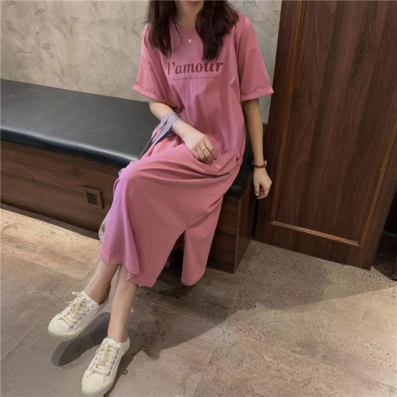 Summer Pure Cotton Plus-Size Short-Sleeve Casual Loose Dress for Women 100kg Plus-Size Printed Versatile Over-The-Knee Lazy Dress