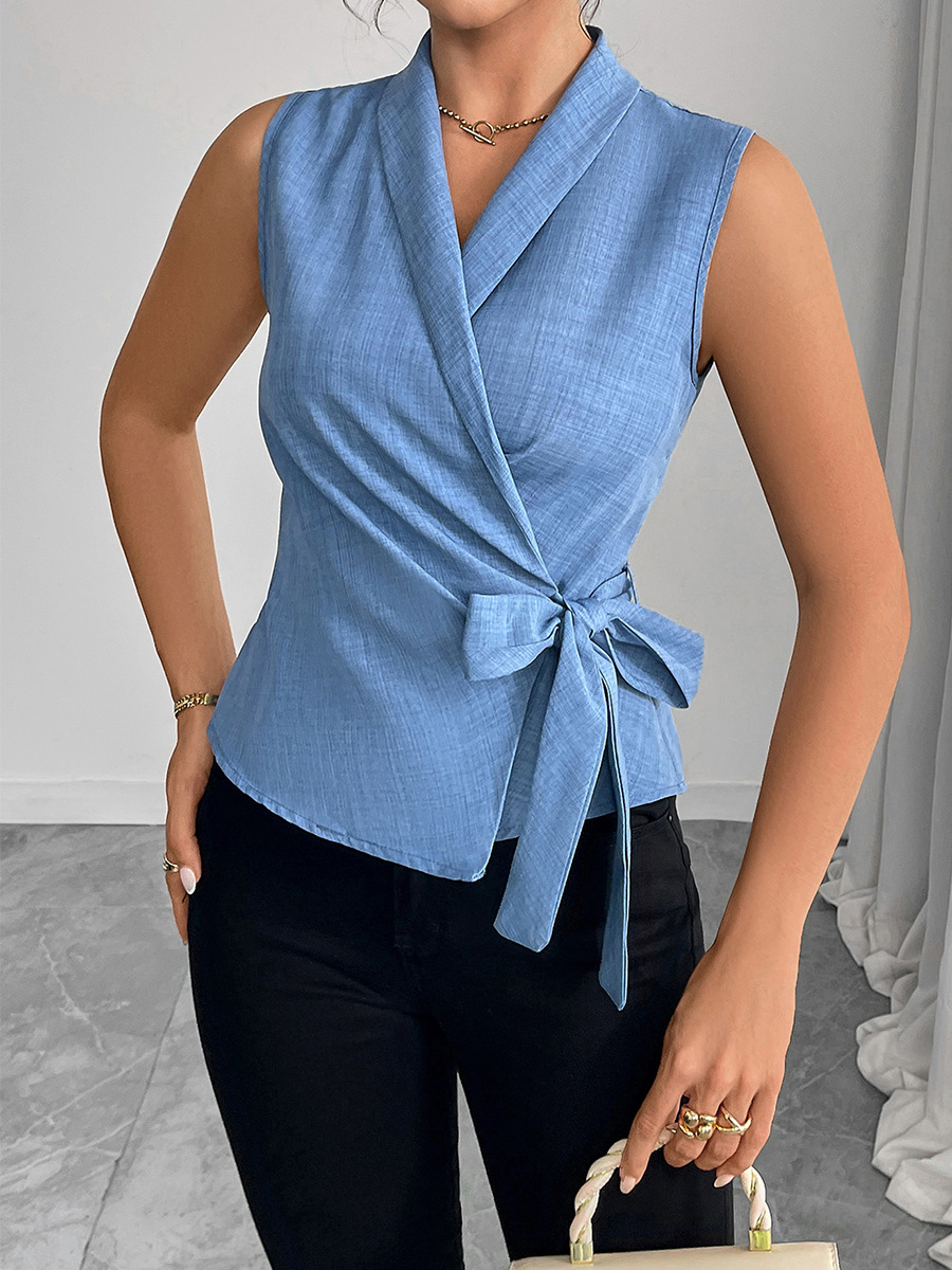 Chaleco de mujer estilo europeo y americano de Ruiqiu para comercio exterior transfronterizo de Amazon, verano 2025, elegante top sin mangas de color sólido con lazo.