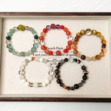 批发天然水晶10mm圆珠单圈五行手串配红水晶金虎眼手链饰品ins潮