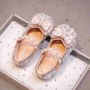 Girls fairy style princess shoes 2024 new children's soft bottom crystal shoes little girl leather shoes performance shoes with dress