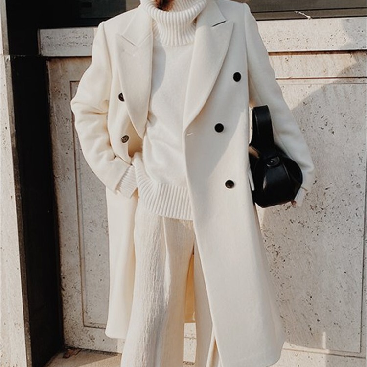 2024 Autumn and Winter New Foreign Trade Women's Long-Sleeved Lapel Solid Color Double-Breasted Slim-Fit Coat