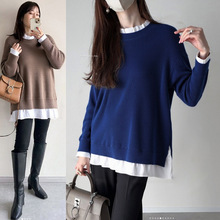 跨境出口日本乐天ins亚马逊外贸日系宽松拼接假两件针织套头毛衣