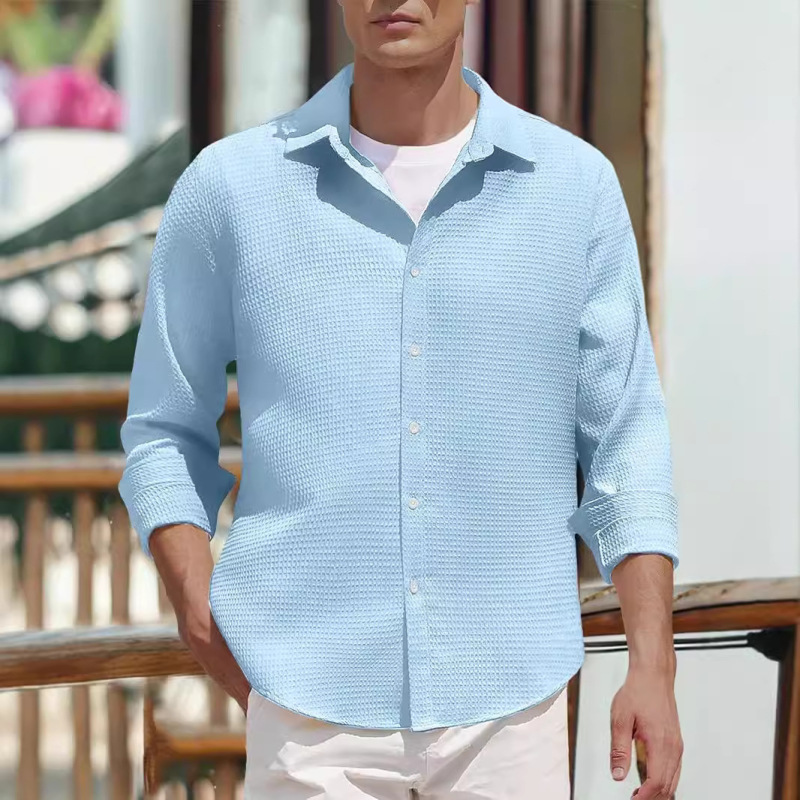 Cross-border foreign trade Amazon factory wholesale thick waffle lapel casual men's long sleeve wrinkle-free shirt Cross-border foreign trade Amazon factory wholesale thick waffle lapel casual men's long sleeve wrinkle-free shirt