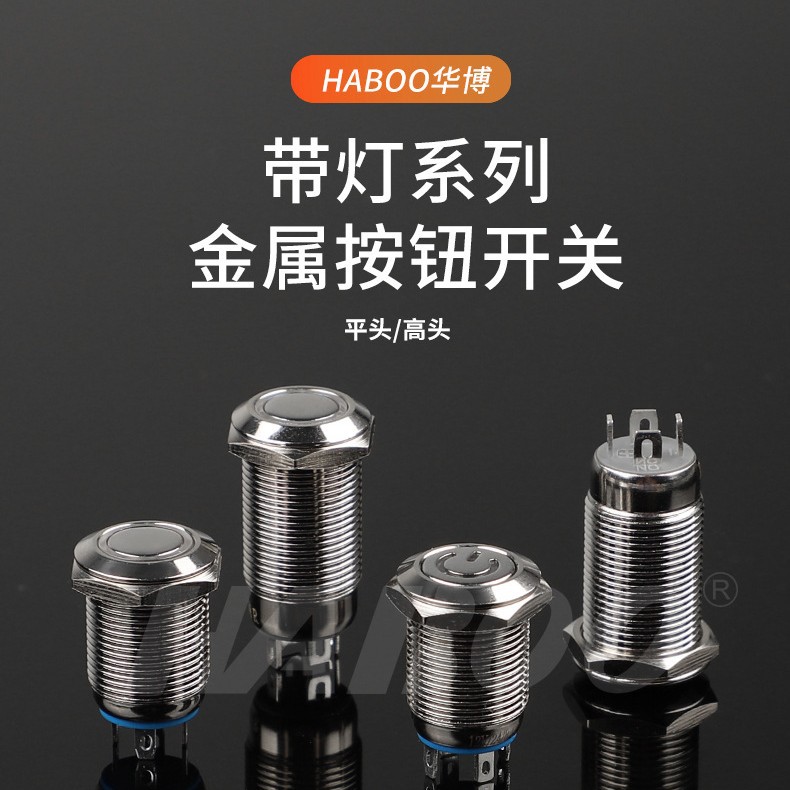 12MM带灯金属启动按钮开关小型自锁自复位高头平头LED24V带指示灯