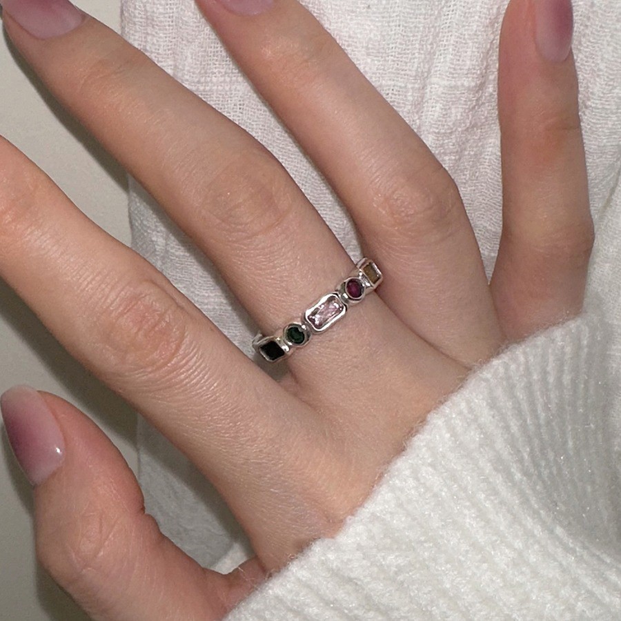 蒂奇小众设计感925纯银镶嵌彩色锆石戒指女冷淡风高级感开口戒潮