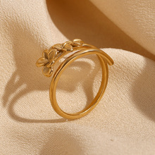 欧美时尚小众气质爆款手饰不锈钢镀18K金铸造双层三朵花开口戒指