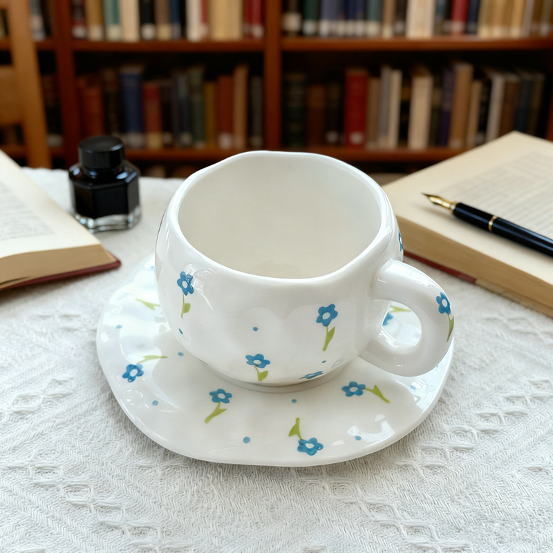 Esmalte coreano pintado a mano taza de café de cerámica con platos de alto valor de marca de rayas de taza de agua de lattes