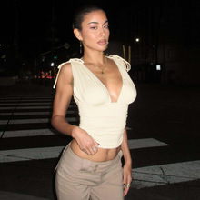 欧美ins辣妹风新款女装纯色性感深V裹胸褶皱拼接系带露脐显瘦上衣