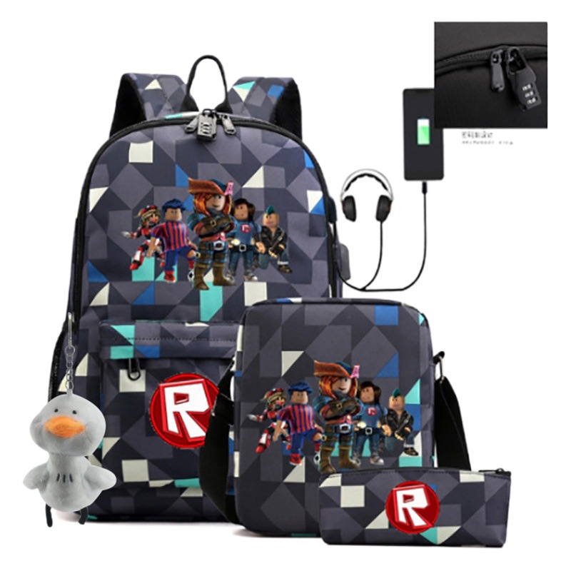 2023 juego de roblox transfronterizo alrededor de carga USB bolso de hombro masculino y femenino bolso de lápiz de un solo hombro conjunto de tres piezas para estudiantes de secundaria