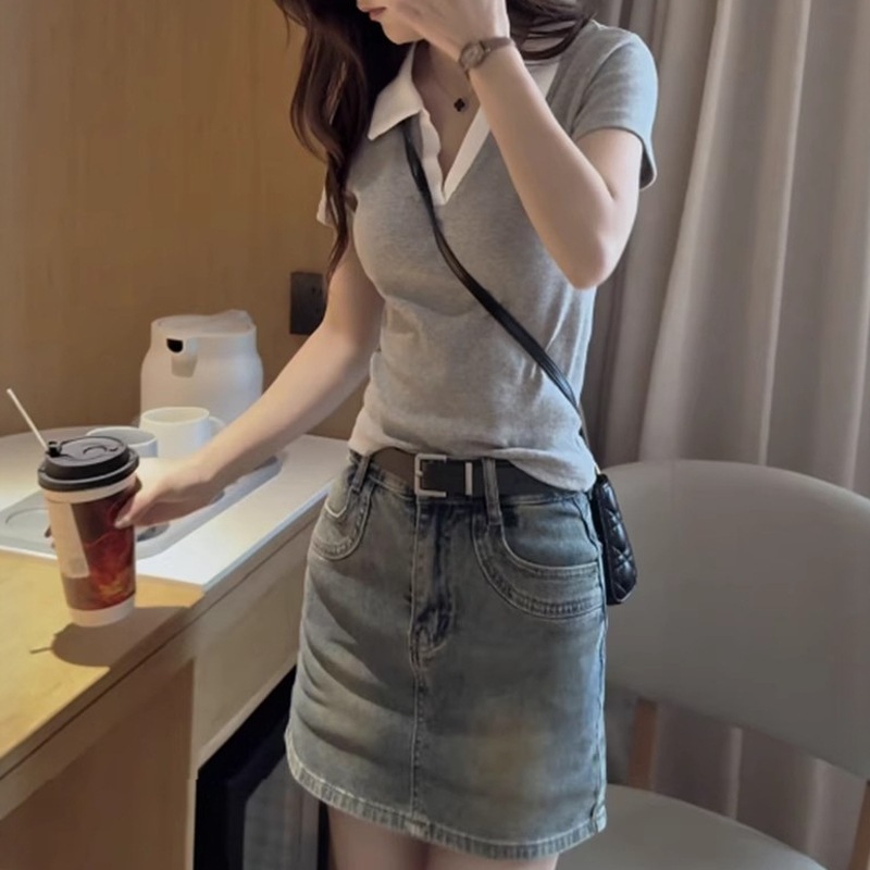 polo领短袖灰色拼接撞色修身显瘦正肩上衣夏季通勤时尚小个子T恤|undefined