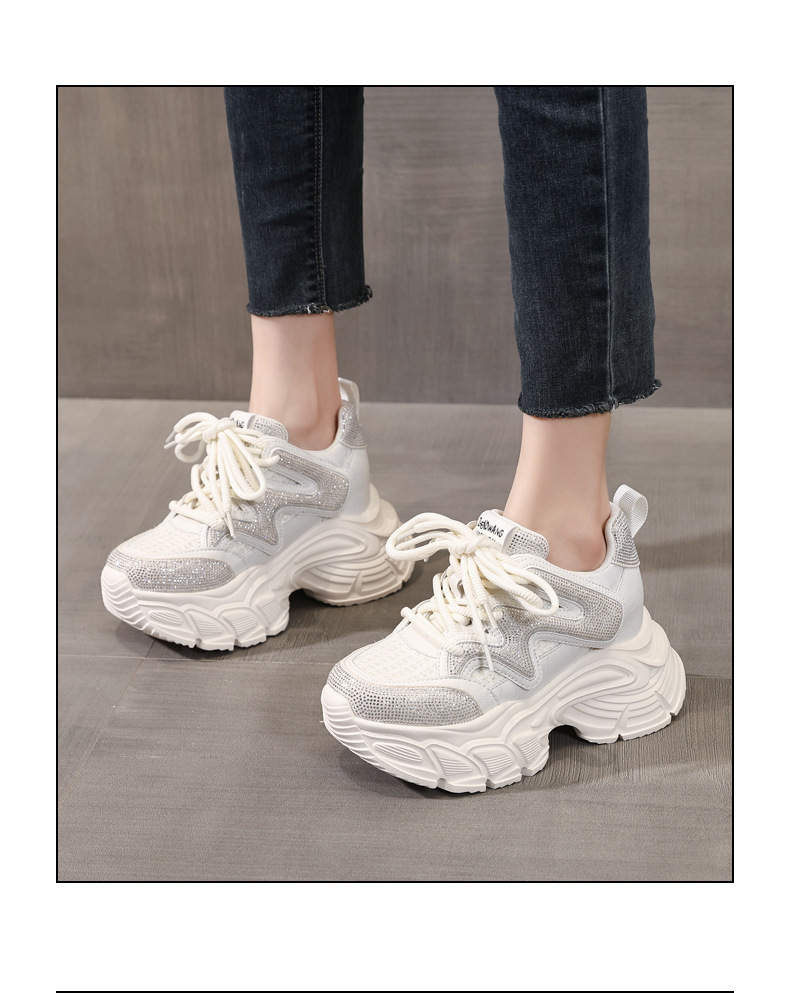 Giày sneaker nữ đế dày tăng chiều cao phong cách thể thao đính đá rhinestone — màu trắng chi tiết 16