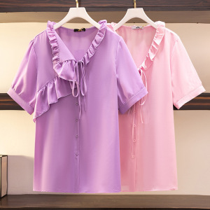 63295清仓特价120-350斤大码胖妹妹新款韩版V领短袖显瘦上衣图片