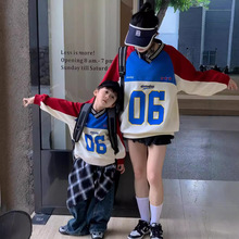 春秋季新品拼色数字洋气百搭圆领复古撞色亲子装亲子卫衣母子