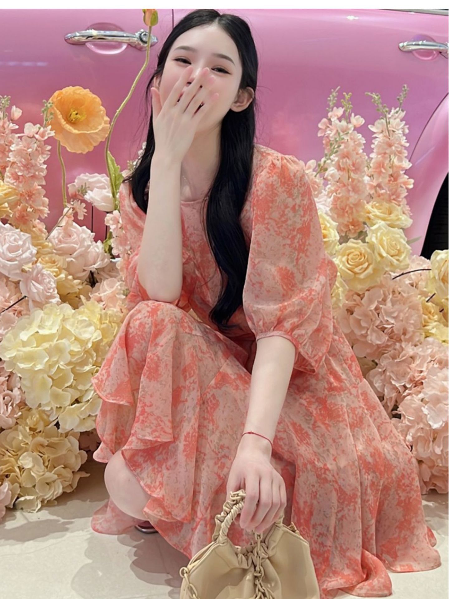 Váy hoa maxi nữ chất liệu chiffon tay ngắn thắt eo — Màu hồng chi tiết 4