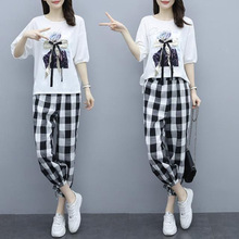 2024新款套装女新款大码短袖胖mm显瘦t恤英伦风格子裤子两件套