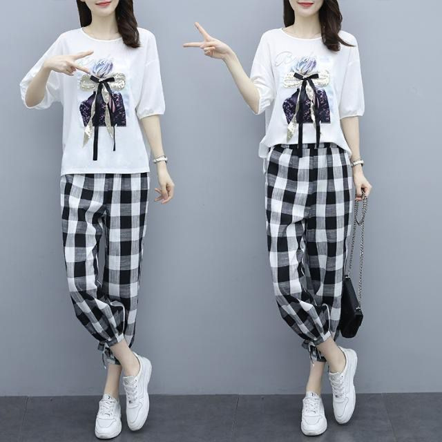 2024新款套装女新款大码短袖胖mm显瘦t恤英伦风格子裤子两件套