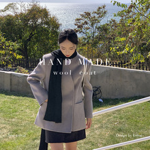 YM590 韩国东大门V领双面手缝羊毛大衣女款气质毛呢外套女