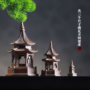 Hexagonal Pavilion New Chinoiserie Pagoda Ceramic Zen Ornaments Purple Sand Bonsai Micro Landscape Fish Tank Landscaping Small Ornaments Tea Pet