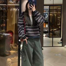 2026秋冬新款慵懒风条纹连帽开衫女宽松拉链外套显瘦通勤纯羊毛衫