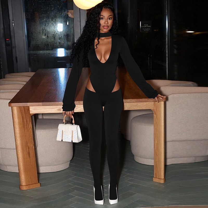 J25St340 European and American Style Cross-Border Women's Autumn and Winter Scarf Low-Neck Long-Sleeved Jumpsuit with Exposed Waist and Foot Jumpsuit Suit