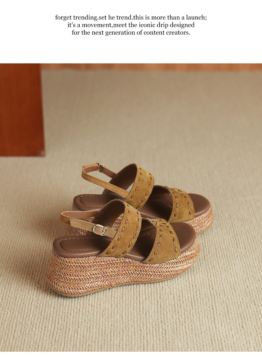 Sandal nữ đế xuồng đan rơm cao gót, quai ngang một dây, phong cách hè thoải mái — Màu caramel, màu vàng chi tiết 12