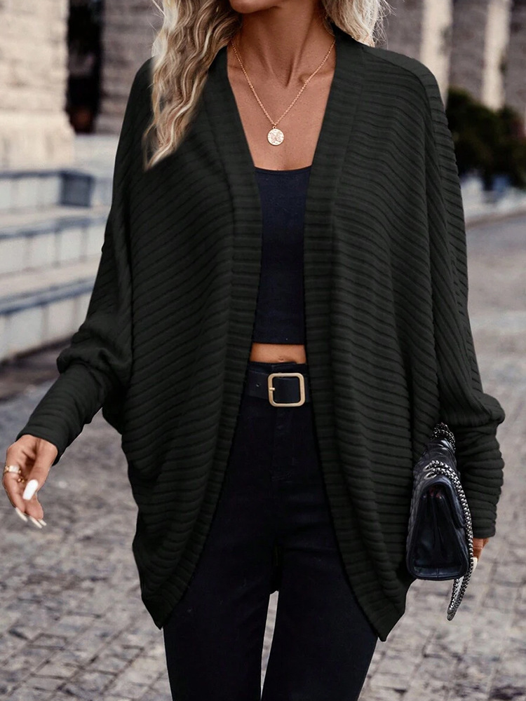 Women's Clothing V-Neck Knit Cardigan Sweater - Soft Loose Fit Long Sleeve Open Front Casual Pullover For Fall Winter (Black, Gray, Army Green)​_voghion.com