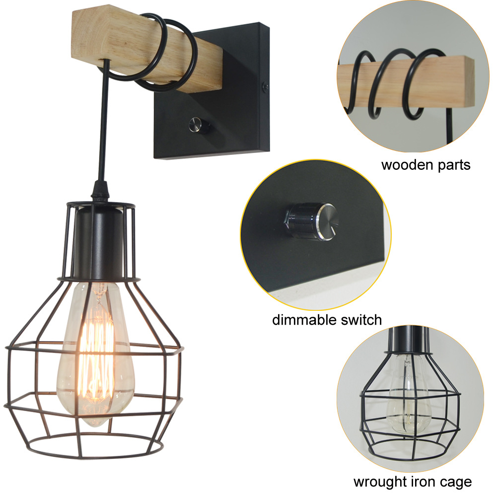 Transfronterizo Amazon lámpara de pared de estilo industrial jaula colgante lámpara de pared regulable granja restaurante bar dormitorio lámpara de madera