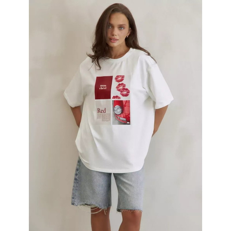 Pure Cotton Mid-length Half-sleeved T-shirt Women's Summer New European and American Laid-back Style Loose All-match Cross-border Printed Top Ins Pure Cotton Mid-length Half-sleeved T-shirt Women's Summer New European and American Laid-back Style Loose All-match Cross-border Printed Top Ins