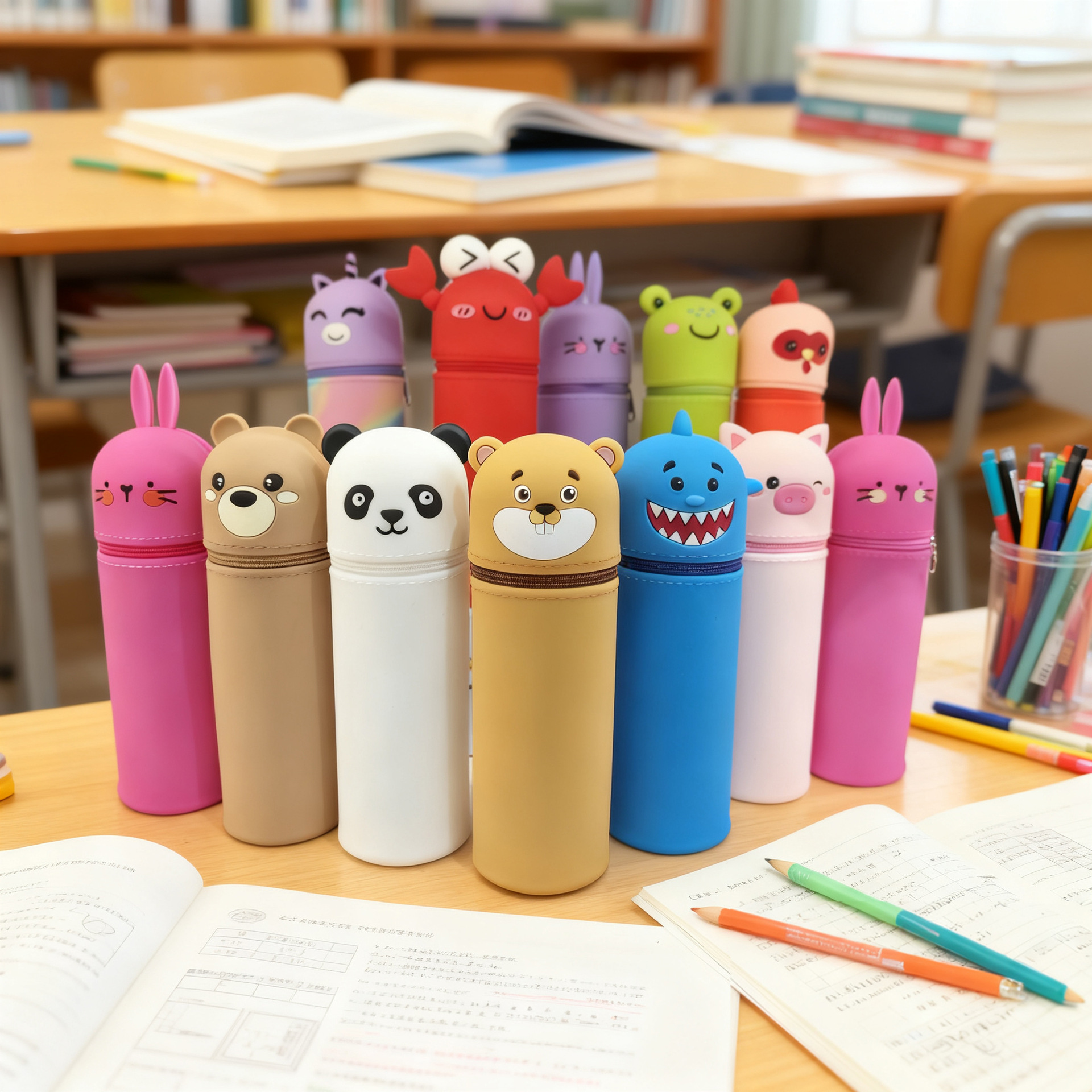 跨境电商熊猫硅胶笔袋史迪仔创意伸缩文具笔筒小学生笔袋源头厂家