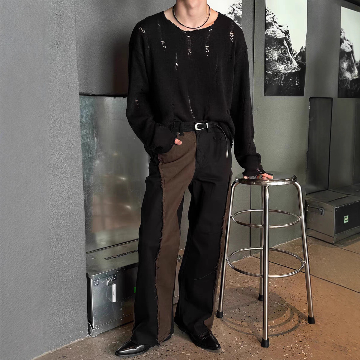 Men's Clothing Men's Distressed Knit Sweater With Lace Trim & Oversized Neck – Trendy Long Sleeve Pullover For Streetwear & Layering_voghion.com