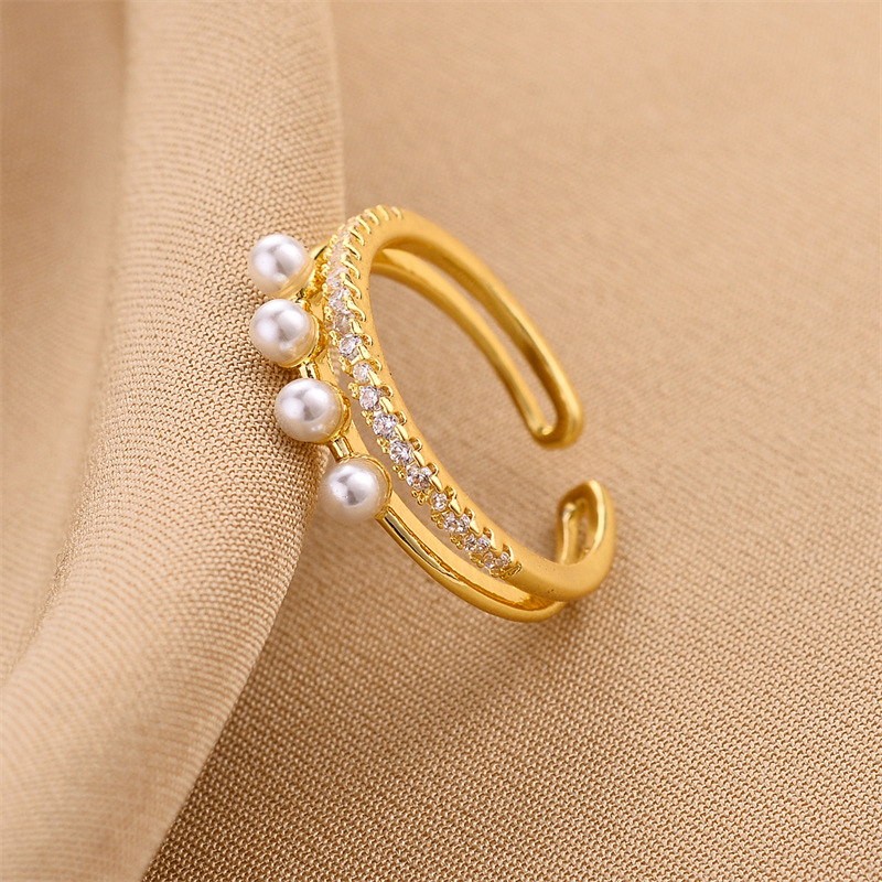 Fashion Geometric Copper Plating Artificial Pearls Zircon Open Ring 1 Piece