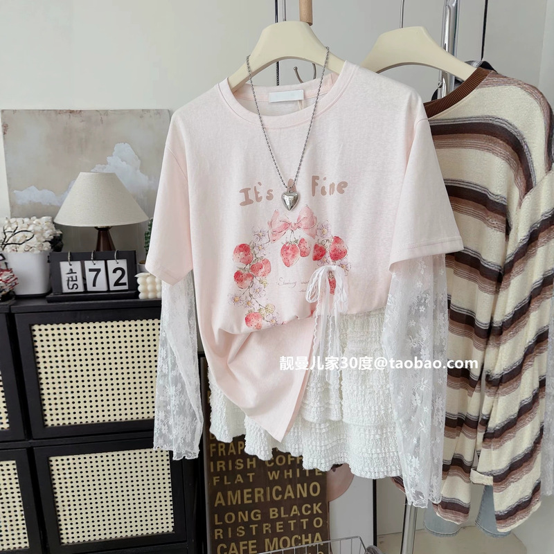 Korean Dongdaemun Snowflake Cotton Lace Splicing Fake Two-Piece Sun Protection Long-Sleeve T-Shirt for Women, Thin Style with Bow, Loose Fit Korean Dongdaemun Snowflake Cotton Lace Splicing Fake Two-Piece Sun Protection Long-Sleeve T-Shirt for Women, Thin Style with Bow, Loose Fit
