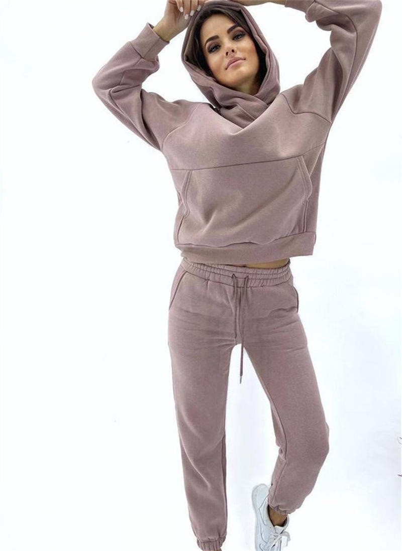 Hooded Loose Casual Top Two Piece 2024 Autumn/Winter New Brushed Women's Sweater Sports Set_voghion.com