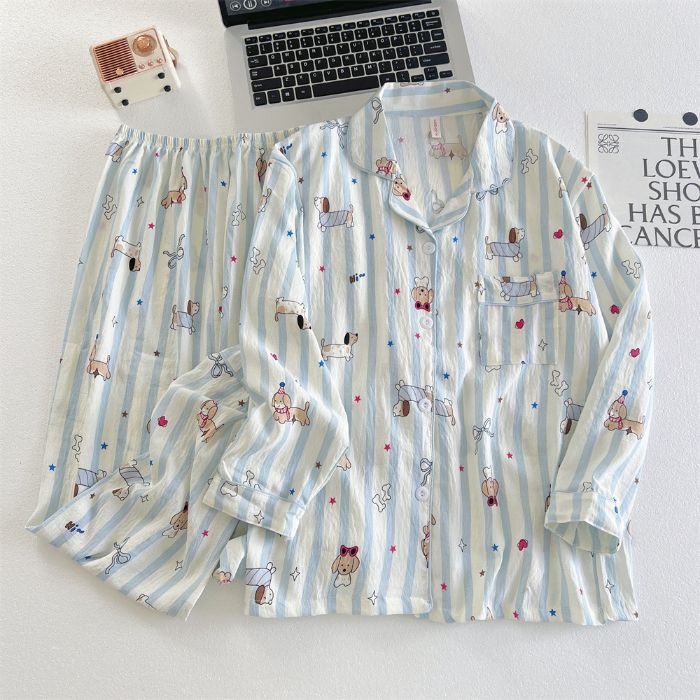 Pijamas al por mayor transfronterizos para mujer traje de algodón de nube de manga larga de otoño de dibujos animados lindo cárdigan de alta gama solapa servicio a domicilio