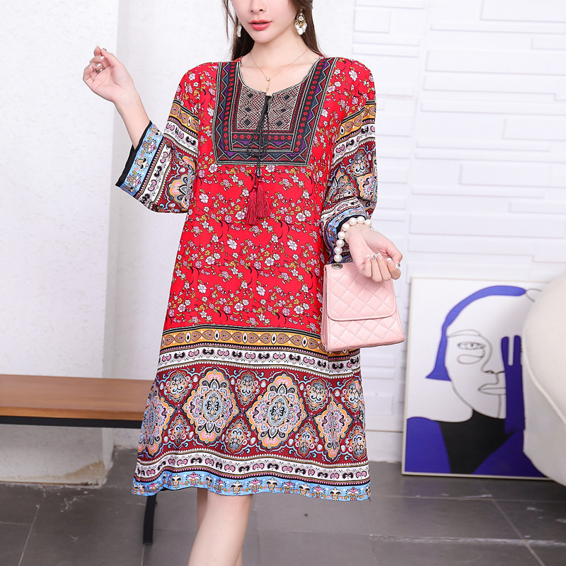 タイ風Aラインコットンワンピース、夏向け、クロスボーダーコットンシルクワンピース、アーティスティックレトロエスニック風婦人服